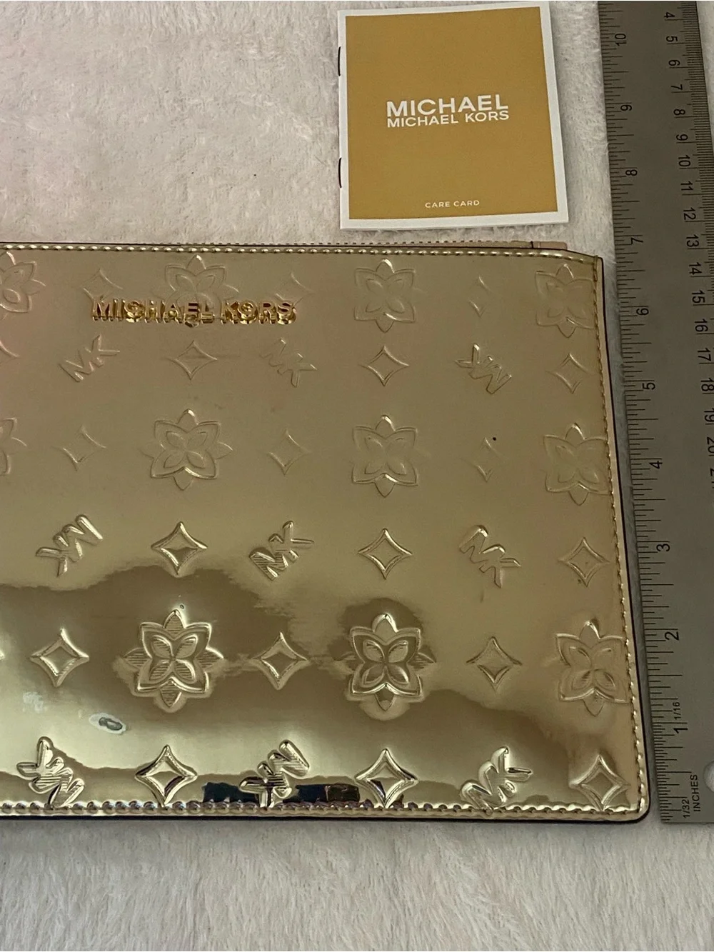 Michael Kors Gold Embossed, Mirror-Metallic Patent Wristlet Clutch XLarge